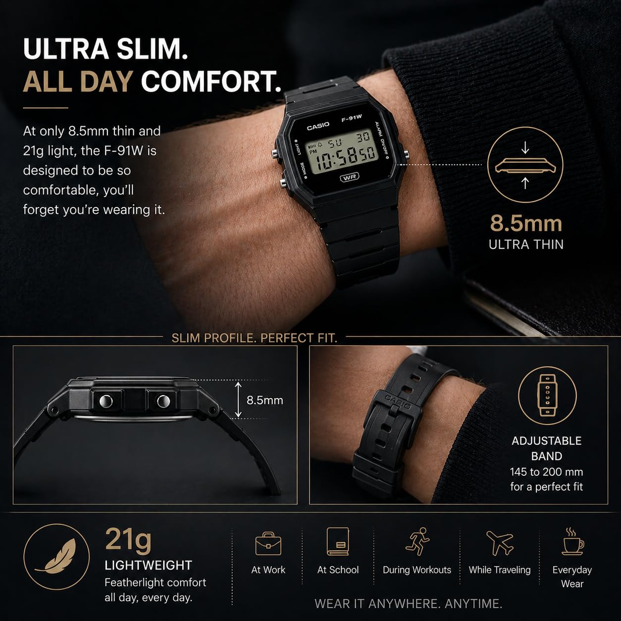 Casio F-91WB Series | Men's Digital Watch | Environmentally Friendly Bio-Based Resin | Alarm | Date Indicator | 7-Year Battery, Black ๐ All In One Marketplace Canada