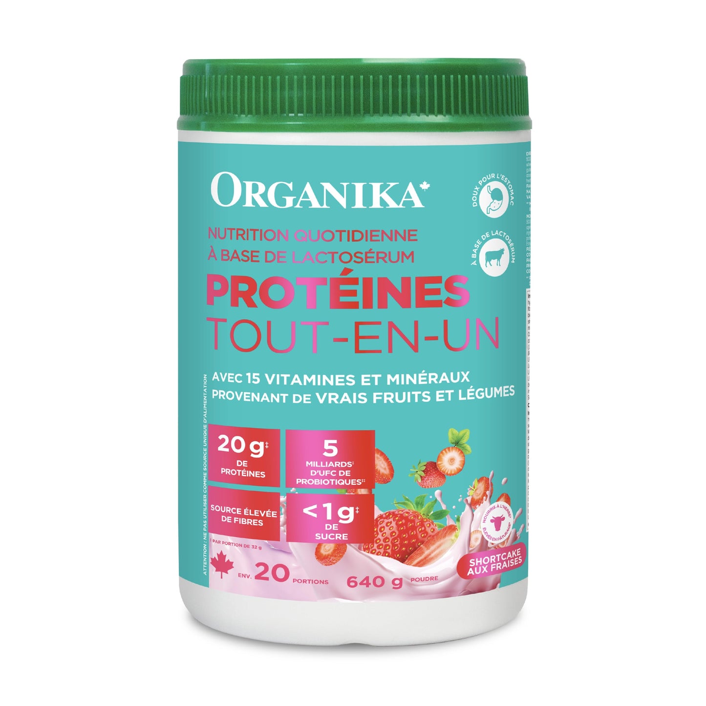 Organika All-in-One Strawberry Shortcake Protein Powder with 20g Protein,15 Vitamins & Minerals from Real Fruits & Veggies,5 Billion CFU Probiotics,4g Prebiotic Fiber, Digestive Enzymes,1g Sugar- 640g 🍁 All In One Marketplace Canada
