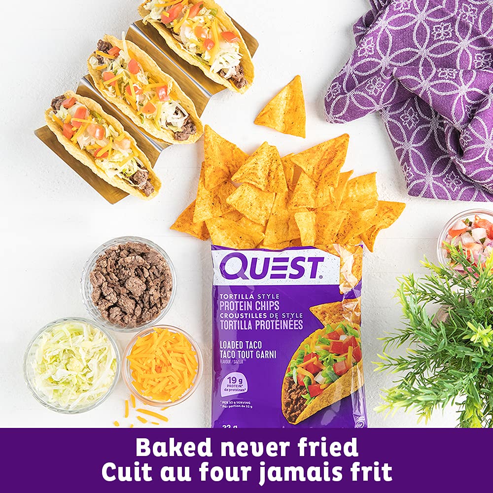 Quest Nutrition Tortilla Style Protein Chips, Loaded Taco, High Protein, Baked, Not Fried, Gluten Free, 1g Sugar, 5g Carbs, 8ct ๐ All In One Marketplace Canada