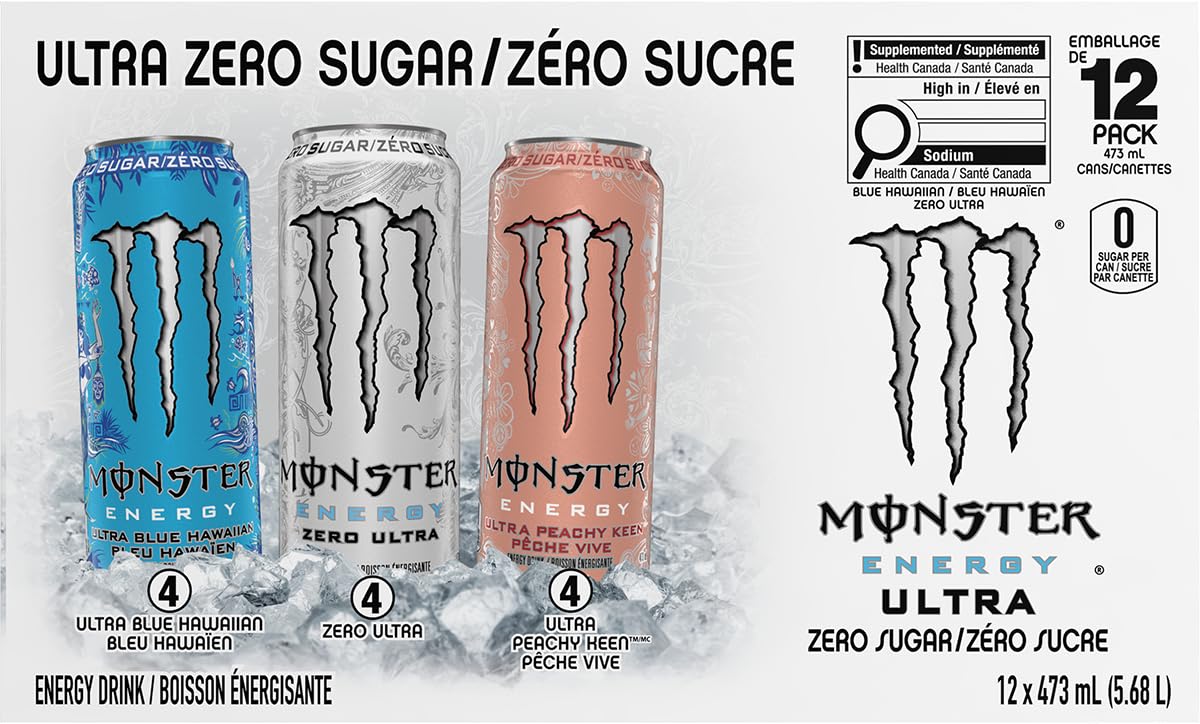 Monster Energy, Ultra Variety Pack (Zero Ultra, Ultra Blue Hawaiian, Ultra Peachy Keen), 473mL (12 Pack) - Zero Sugar Energy Drink ๐ All In One Marketplace Canada
