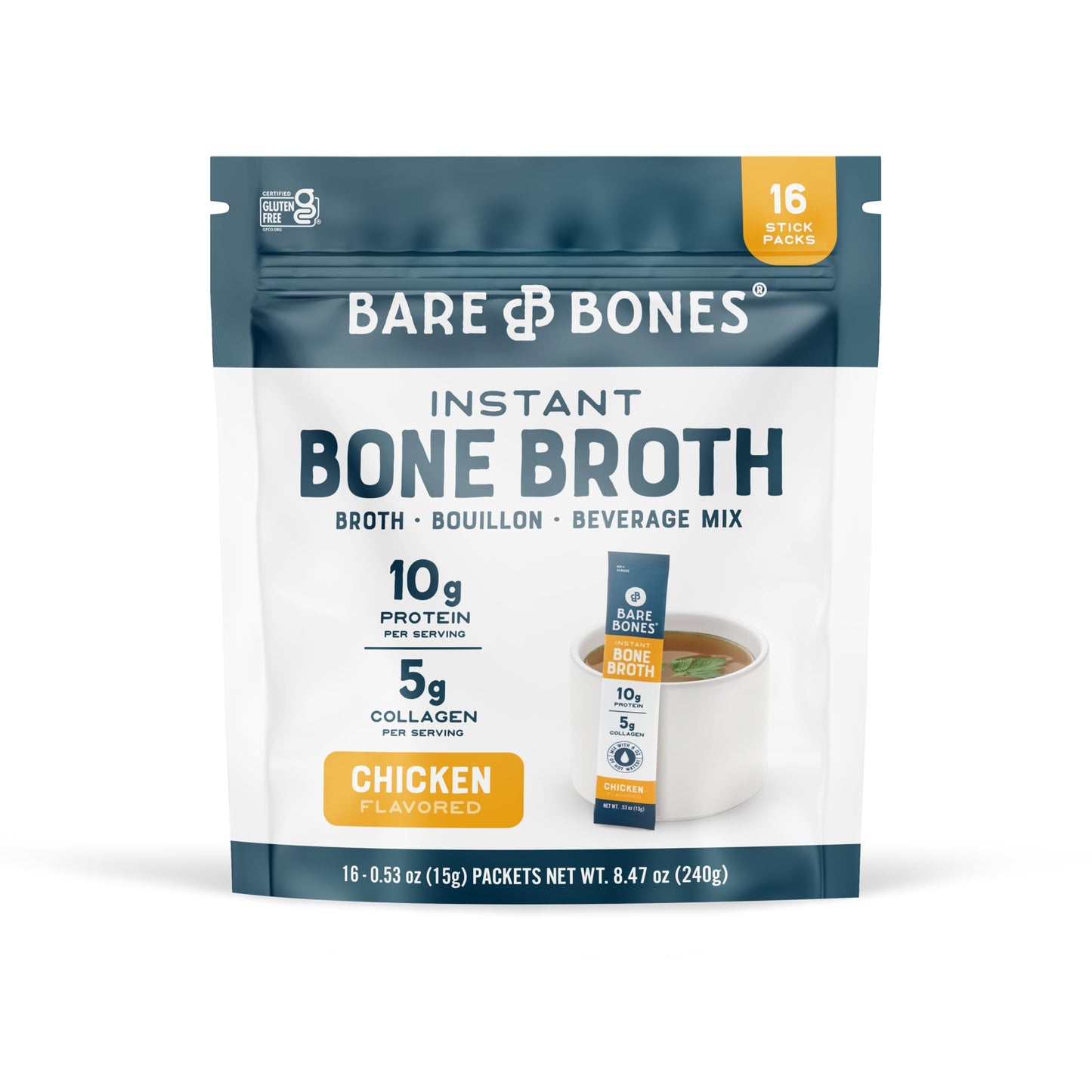 Bare Bones Bone Broth Instant Powdered Beverage Mix, Chicken CANADIAN, Pack of 16, 15g Sticks, 10g Protein, Keto & Paleo Friendly ๐ All In One Marketplace Canada