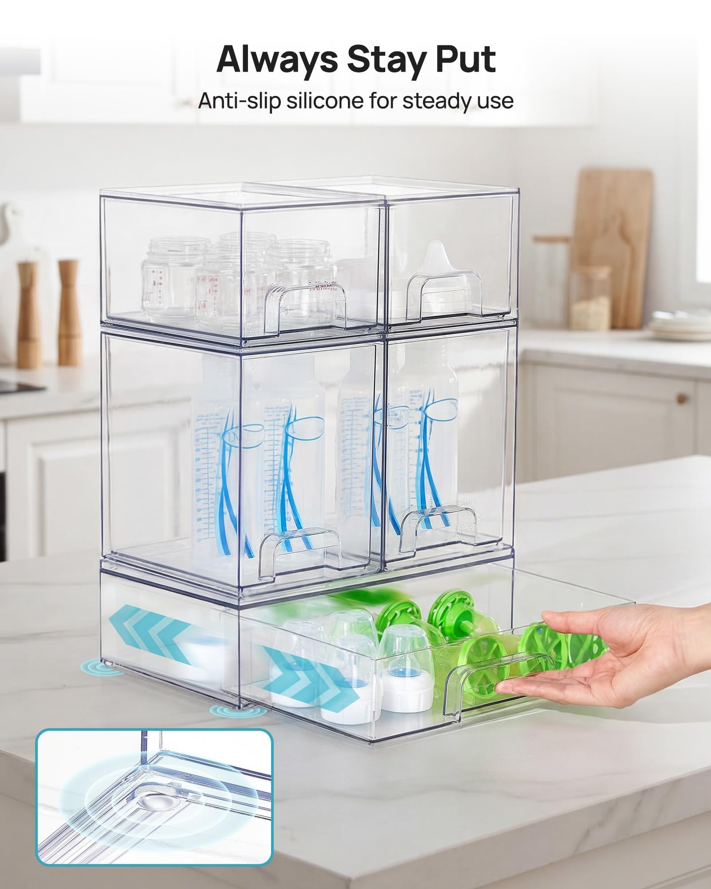 Vtopmart Stackable Storage Drawers Set of 5, 12" Wide and 4.4''&7.6'' High Clear Plastic Organizer Bins for Beauty Supplies,Ideal for Vanity, Bathroom,Cabinet,Pantry Organization 🍁 All In One Marketplace Canada