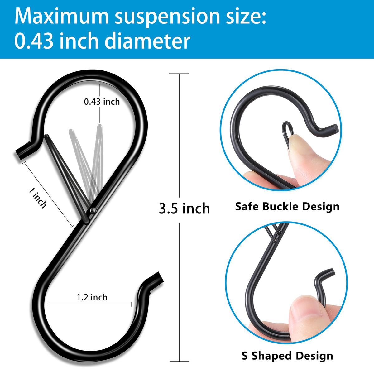 17 Pcs S Hooks for Hanging, Heavy Duty S Shaped Hooks Black, Kitchen Hooks, Closet Rod S Hanger Hooks for Plants, Pots, Towels and Bags, with Safety Buckle Design, 3.5 Inch ๐ All In One Marketplace Canada