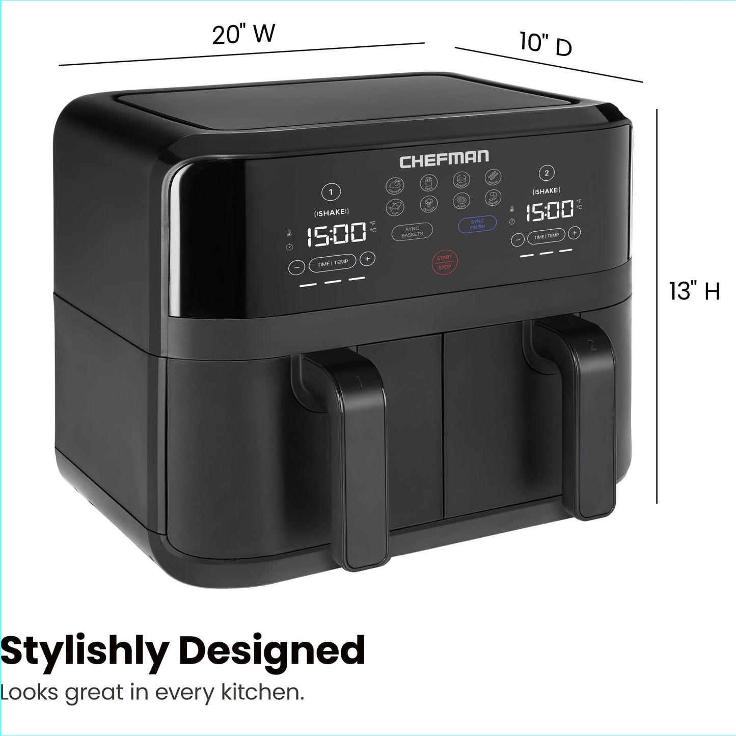 Chefman TurboFry 9-Qt. Dual-Basket Air Fryer with Sync Finish, One-Touch Digital Control, & Shake Reminder for Quick, Healthy, Family-Sized Meals, Black π All In One Marketplace Canada