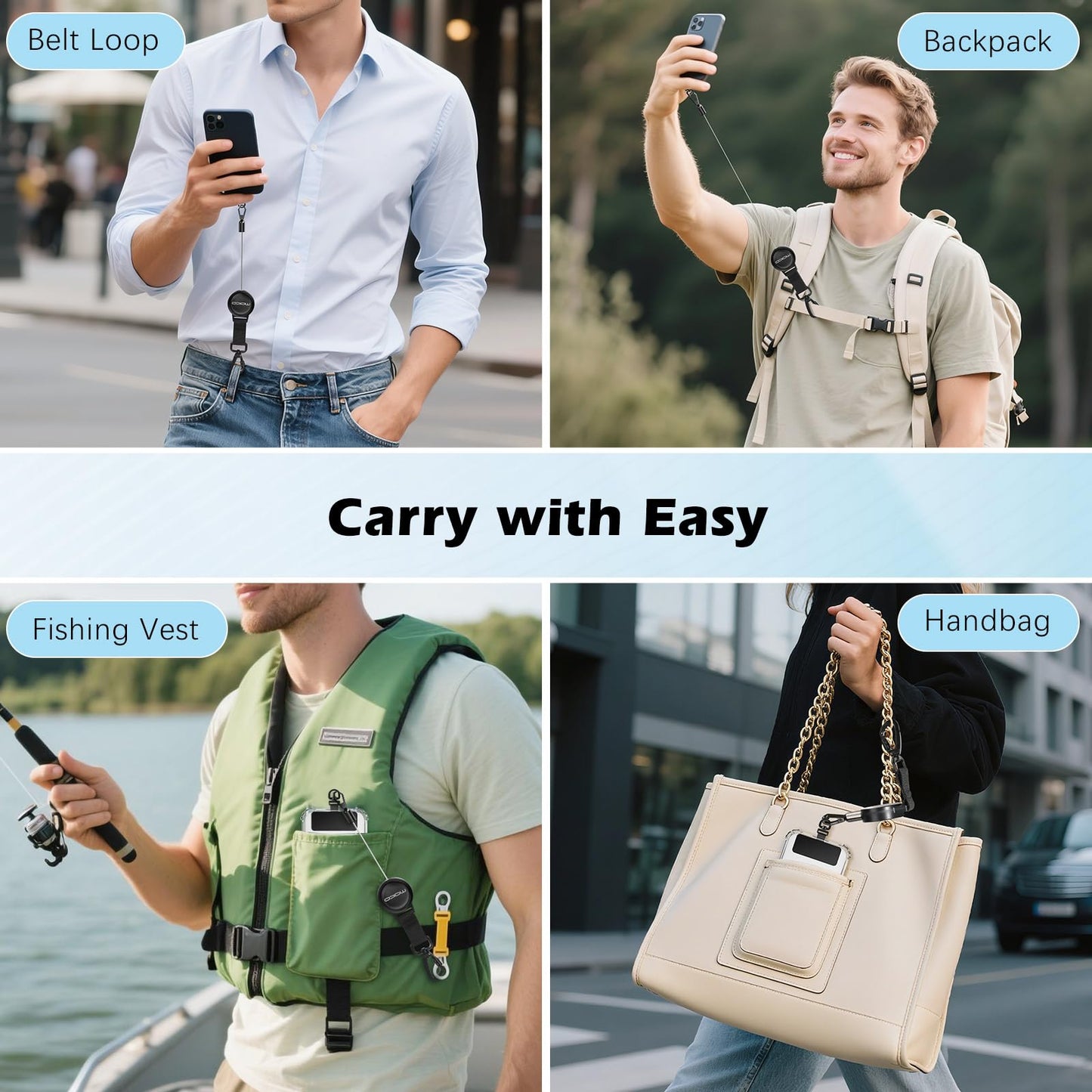 MoKo Anti-theft Phone Tether, Phone Lanyard Retractable Steel Line Cellphone Strap with Locking Carabiner and Metal 360ยฐ Tether Tab for Outdoor Skiing Hiking Climbing Fishing, Black ๐ All In One Marketplace Canada