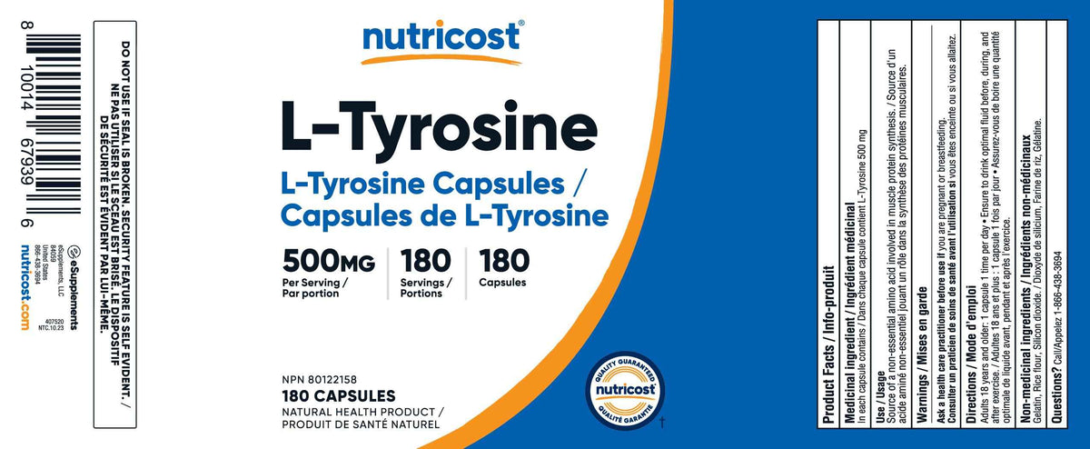Nutricost L-Tyrosine Supplement (500mg) 180 Capsules - Gluten Free & Non-GMO ๐ All In One Marketplace Canada