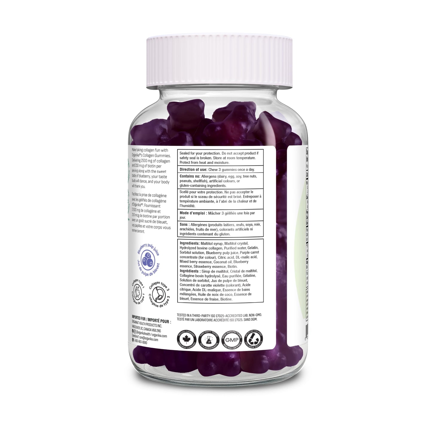 Organika Collagen Gummies with Biotin โ 2500 mg Collagen Peptides Per Serving for Skin, Hair and Joint Health โ Blueberry Bliss Flavour, Easy to Take โ 90 Gummies ๐ All In One Marketplace Canada