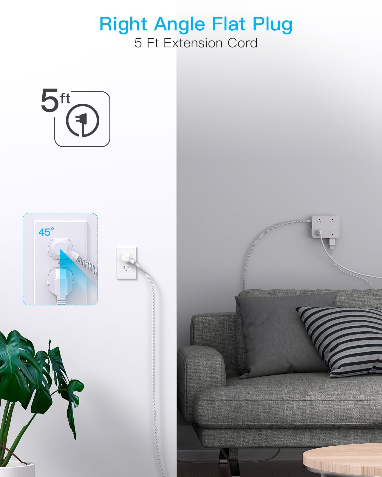 Surge Protector Power Bar - 8 Outlets 4 USB Charging Ports(2 USB C), Power Strip with 5Ft Braided Extension Cord, Flat Plug, Wall Mount Desk USB C Charging Station for Home Office College Essentials 🍁 All In One Marketplace Canada