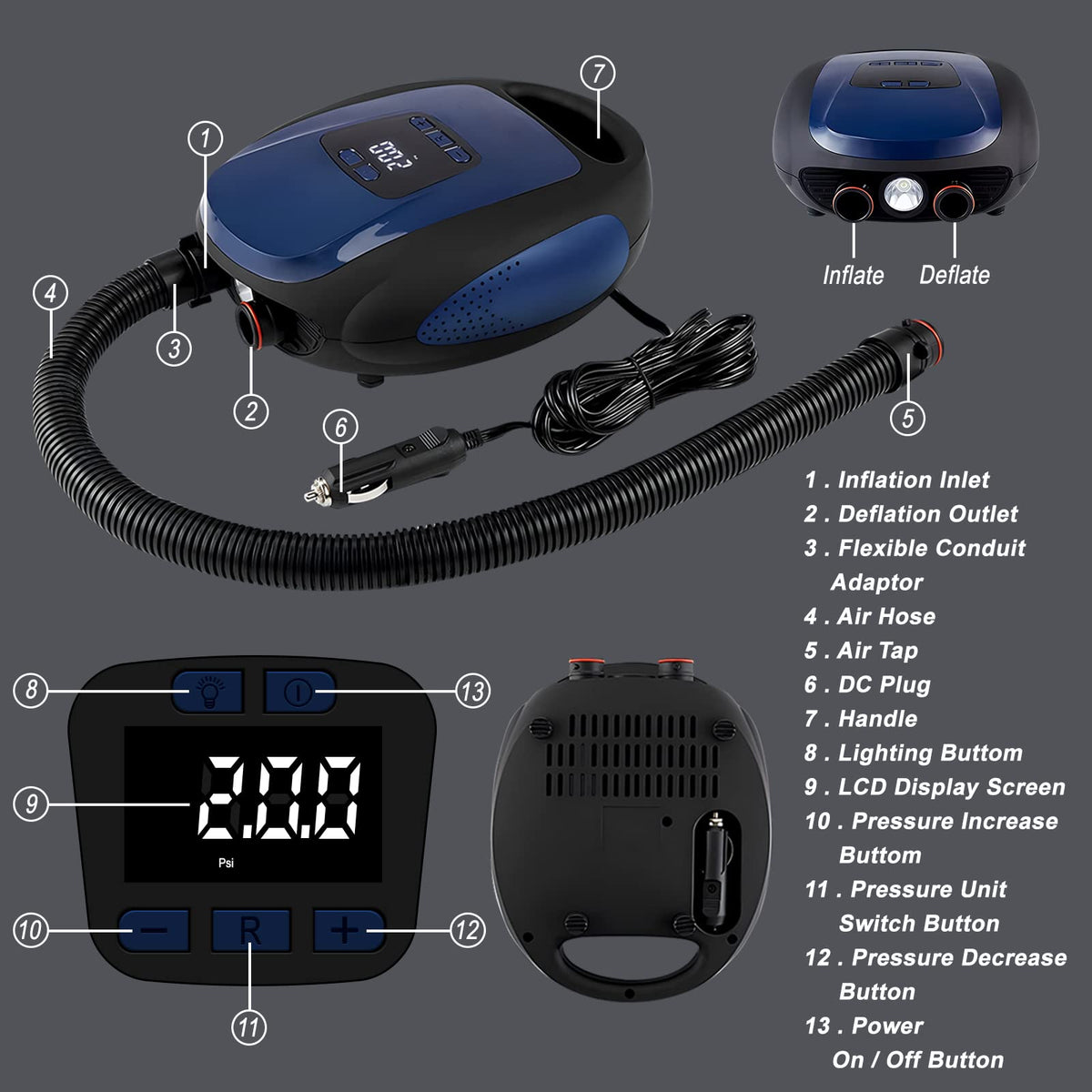 Paddle Board Pump, SUP Electric Air Pump, Portable 20 PSI Air Compressor, Auto-Off Inflation & Deflation Function with 12V DC Car Cigarette Lighter for Paddle Board,Inflatable Sups, Kayaks and Boats ๐ All In One Marketplace Canada