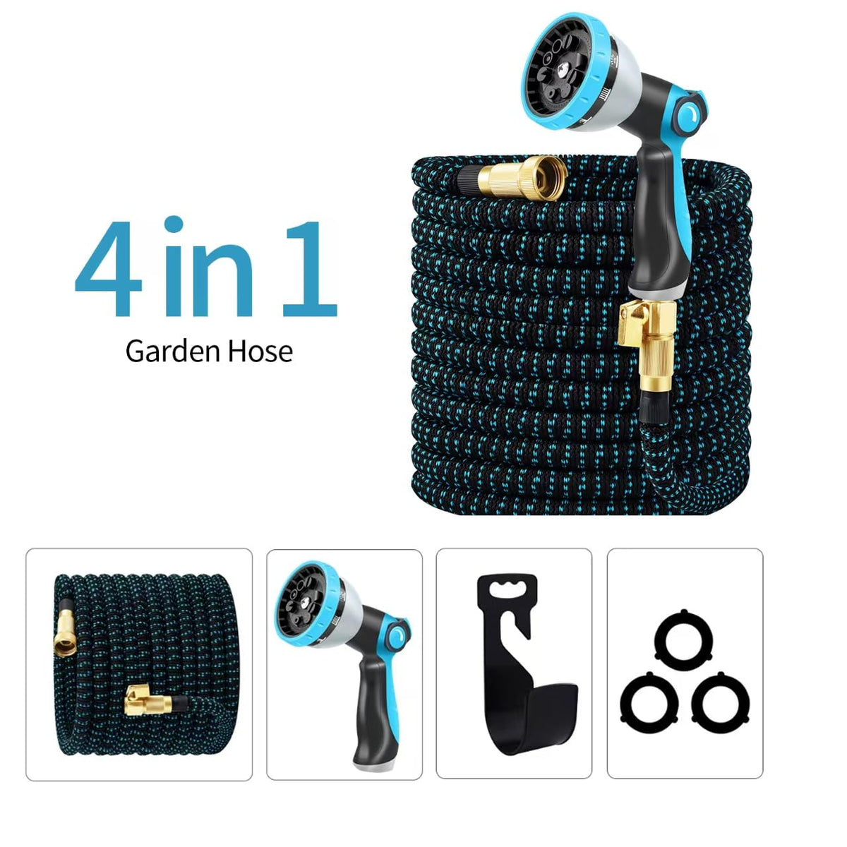 Expandable Garden Hose, Water Hose 100ft with 10 Function Nozzle, Flexible Hose with 3/4" Solid Brass Fittings, Extra Strength Fabric, Easy Storage Kink Free, Black & Blue ๐ All In One Marketplace Canada
