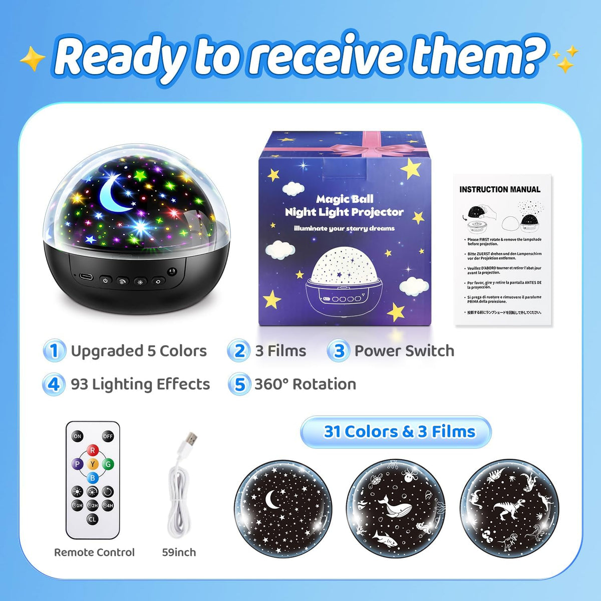 PIKOY Night Light for Kids,93 Lighting+3 Films Star Projector Night Light, Dimmable Remote Star Lights, 360° Sensory Projector Nightlight Glow in the Dark Stars, Toddler 3 Year Old Boy Toys for 3-5 🍁 All In One Marketplace Canada
