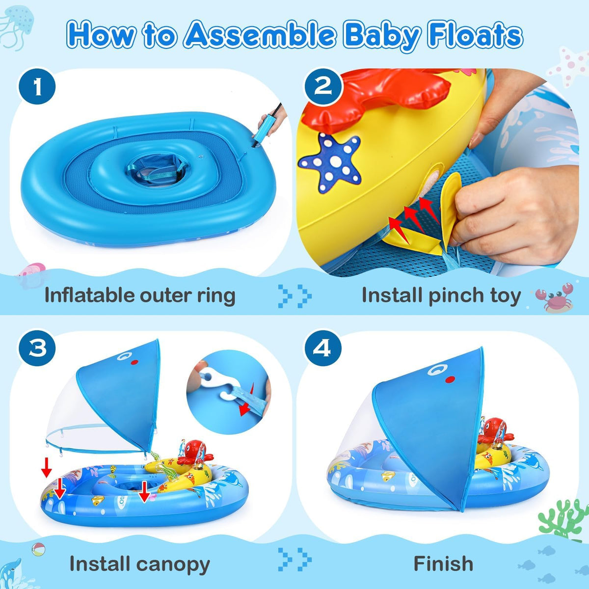 EZIGO Baby Pool Float with Canopy UPF50+ Sun Protection, Inflatable Kids Pool Float with Ocean Animal Toys for Babies 6-36 Months, Infant Swimming Float with Adjustable Safety Seat for Boys Girls ๐ All In One Marketplace Canada