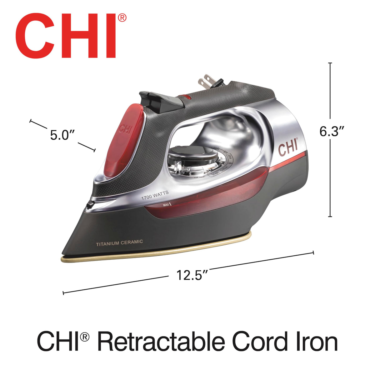 CHI Steam Iron for Clothes with 8โ Retractable Cord, 1700 Watts, 3-Way Auto Shutoff, 400+ Holes, Professional Grade, Temperature Control Dial, Titanium Infused Ceramic Soleplate, Silver (13106) ๐ All In One Marketplace Canada
