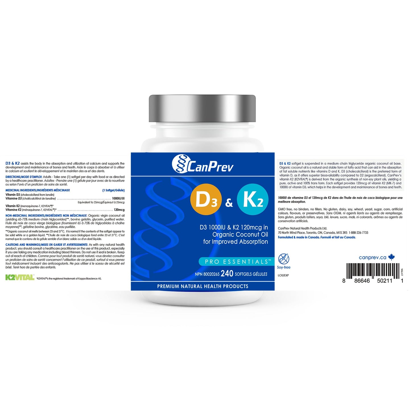 CanPrev - D3 & K2 Vitamin Supplement 240 Softgels 240-Day Supply, K2 MK7 Cholecalciferol Vitamin D3 Supplement, Organic Coconut Oil for Improved Absorption - Helps Build & Maintain Teeth & Bone Health 🍁 All In One Marketplace Canada