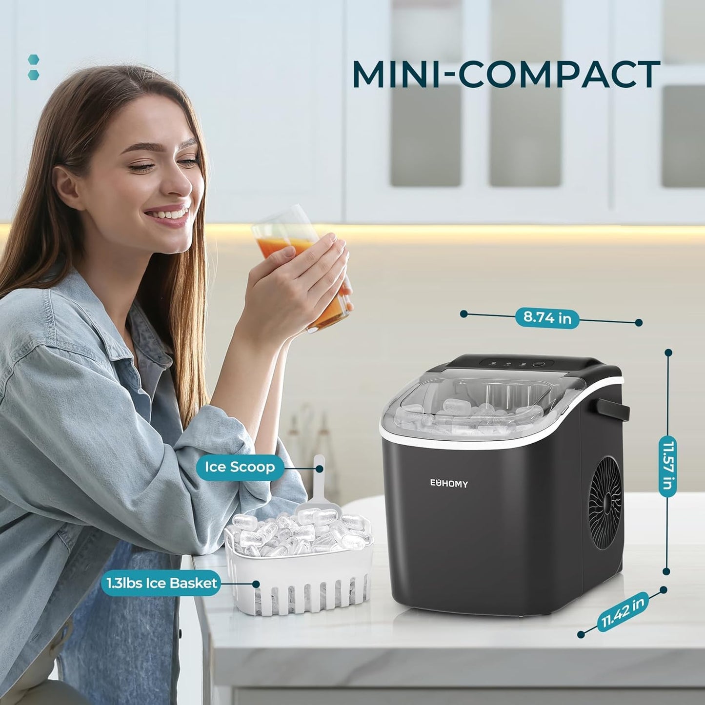 EUHOMY Countertop Ice Maker Machine with Handle, 26.4lbs Per Day, 9 Ice Cubes Ready in 6 Mins, Auto-Cleaning Portable Ice Maker with Basket and Scoop, for Home/Kitchen/Camping/RV (Black) π All In One Marketplace Canada