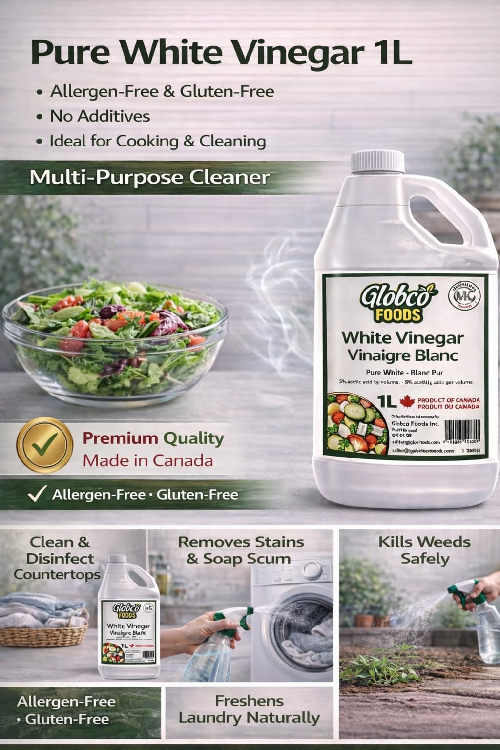 Globco Foods Pure White Vinegar 1L - Allergen-Free & Gluten-Free - No Additives - Ideal for Cooking & Cleaning - Multi-Purpose Cleaner for Kitchen, Bathroom & Laundry - Premium Quality- Made in Canada ๐ All In One Marketplace Canada