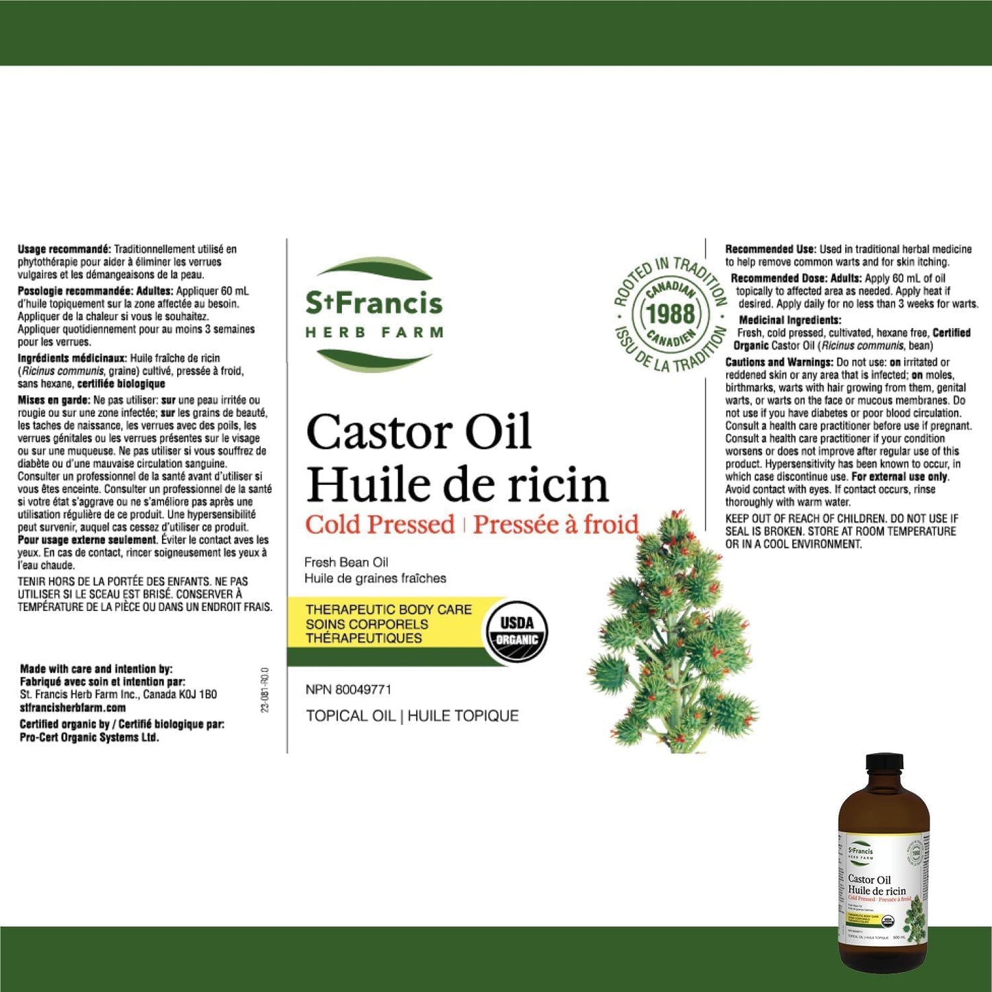 ST FRANCIS HERB FARM Castor Oil (500ml) USDA Certified Organic, Cold Pressed, Hexane-Free, GMO Free, Vegan, Vegetarian, Sealed in Protective Amber Glass (1 Bottle) Hair, Skin, and Nail Care ๐ All In One Marketplace Canada