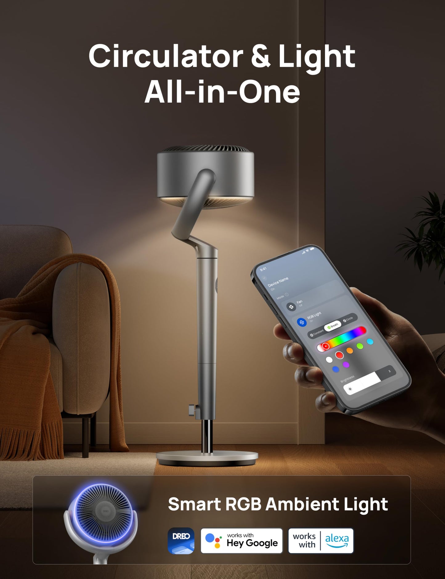 DREO Smart Fans for Bedroom, 120ยฐ +120ยฐ Omni-Directional Oscillating Fan, 90ft Quiet Pedestal Fan with RGB Light, 9 Speeds, 6 Modes, 20dB, 8H Timer, Wi-Fi/Voice, 37-42" Floor Fans with Remote, Silver ๐ All In One Marketplace Canada