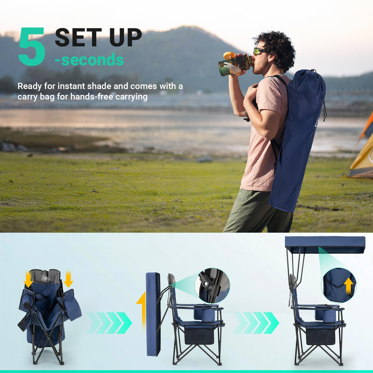 Overmont Beach Chair with Canopy Shade and Cooler - Support 330lbs Oversized Folding Camping Chair with Umbrella- Cup Holder - Cool Bag - Lounge Chair for Sand Travel Outdoor Pool Sports Blue 2pcs ๐ All In One Marketplace Canada