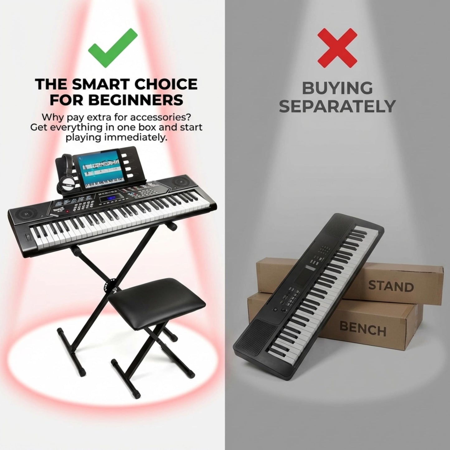 RockJam 61 Key Keyboard Piano With Pitch Bend Kit, Keyboard Stand, Piano Bench, Headphones, Simply Piano App & Keynote Stickers ๐ All In One Marketplace Canada