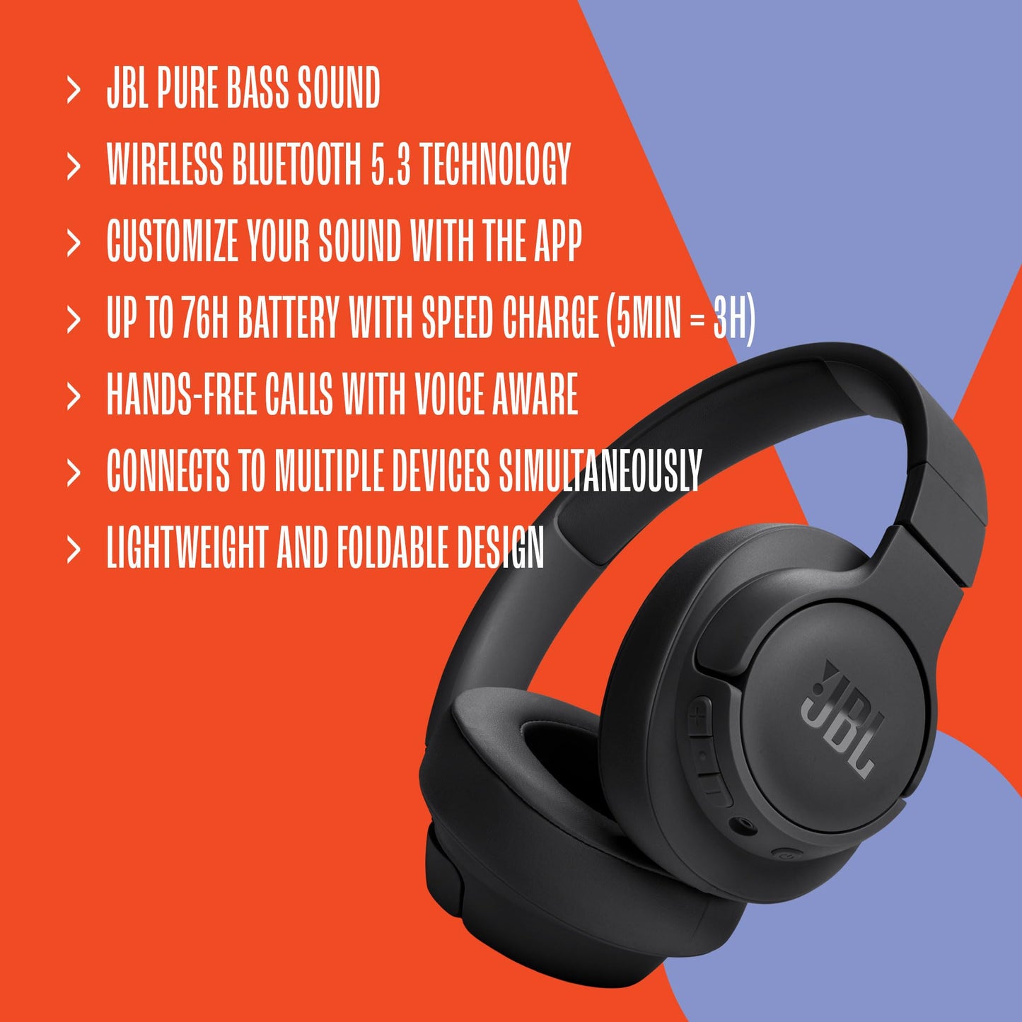 JBL Tune 720BT - Wireless Over-Ear Headphones with JBL Pure Bass Sound, Bluetooth 5.3, Up to 76H Battery Life and Speed Charge, Lightweight, Comfortable and Foldable Design (White) ๐ All In One Marketplace Canada