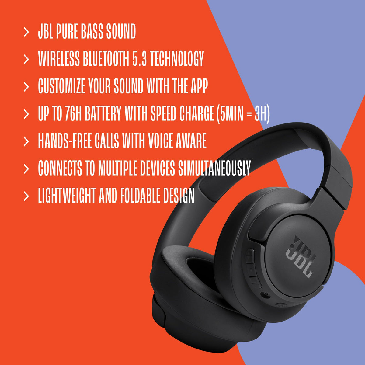 JBL Tune 720BT - Wireless Over-Ear Headphones with JBL Pure Bass Sound, Bluetooth 5.3, Up to 76H Battery Life and Speed Charge, Lightweight, Comfortable and Foldable Design (Lavender) ๐ All In One Marketplace Canada