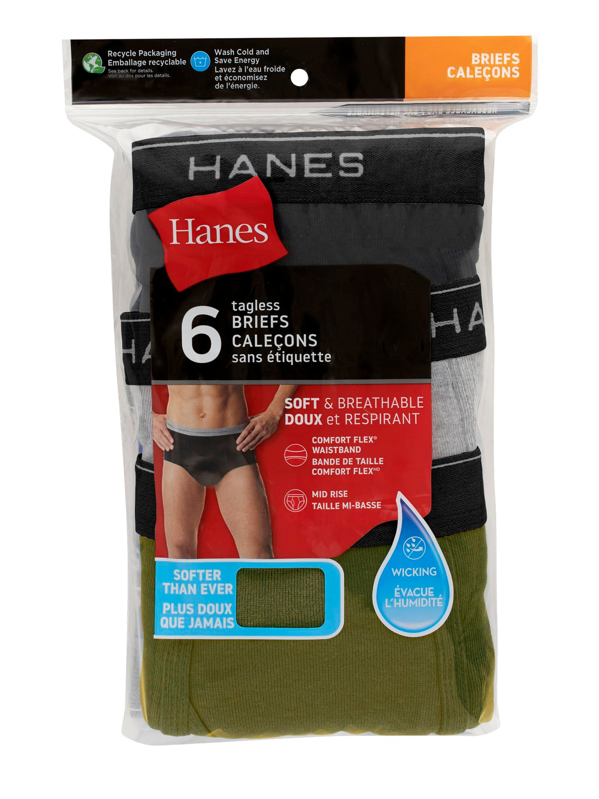 Hanes Mens 6-pack Exposed Waistband Mid-rise Briefs-underwear, White/Black, X-Large US ๐ All In One Marketplace Canada