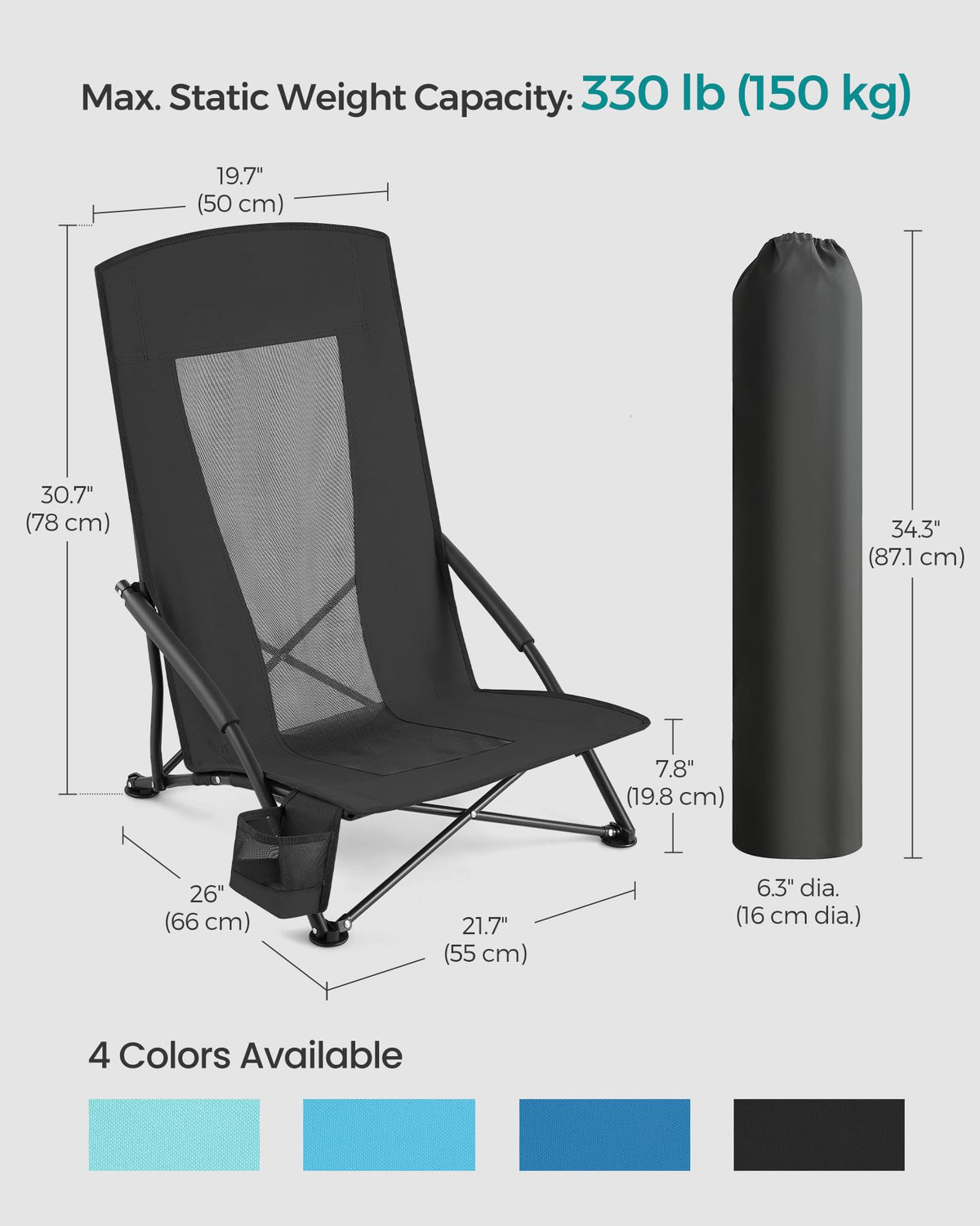 SONGMICS Set of 2 Portable Beach Chairs for Adults, Max. Load 330 lb Each, High Backrest, Cup Holder, Lightweight, Heavy-Duty, Black UGCB067B01V1 ๐ All In One Marketplace Canada