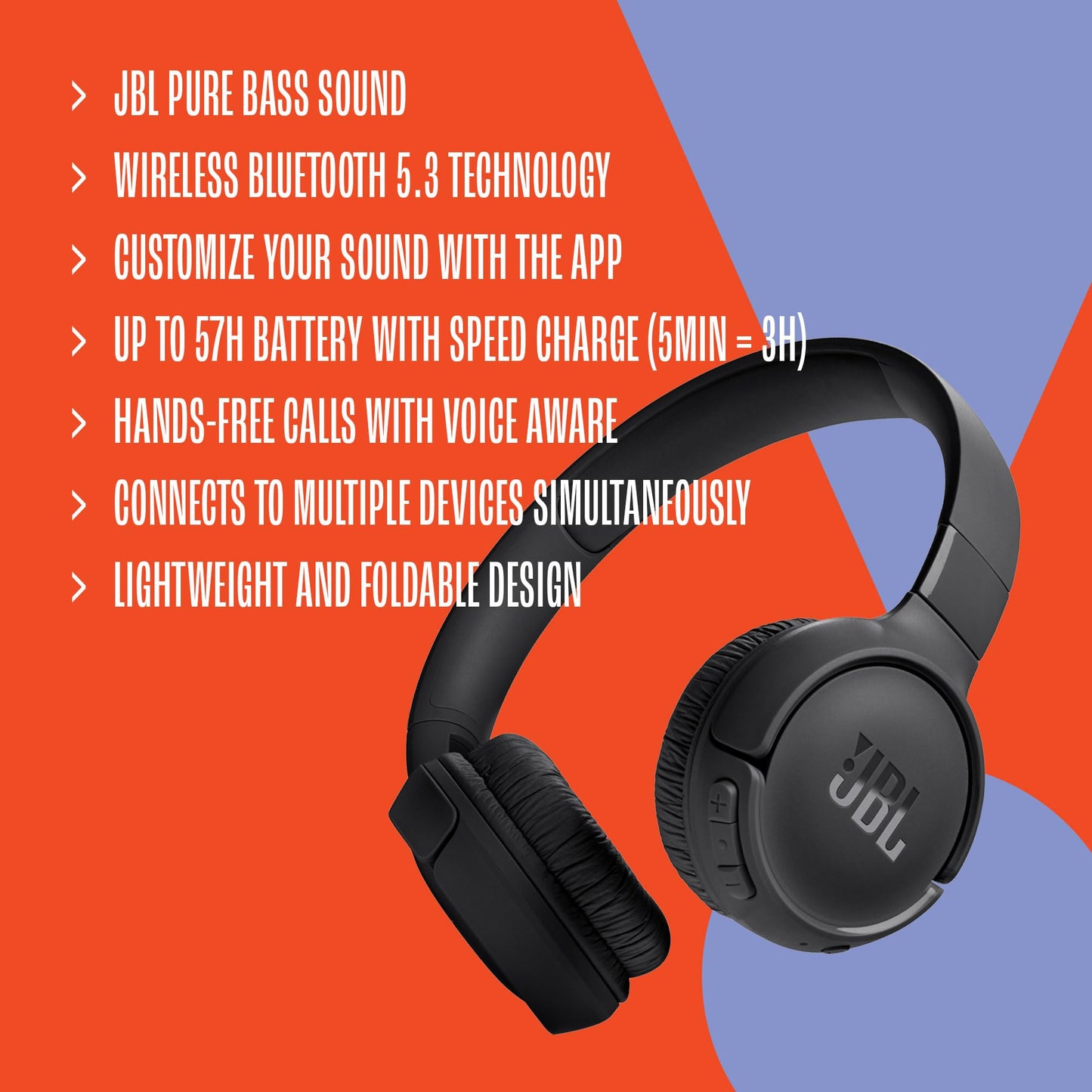 JBL Tune 520BT - Wireless On-Ear Headphones, Up to 57H Battery Life and Speed Charge, Lightweight, Comfortable and Foldable Design, Hands-Free Calls with Voice Aware (Purple) ๐ All In One Marketplace Canada
