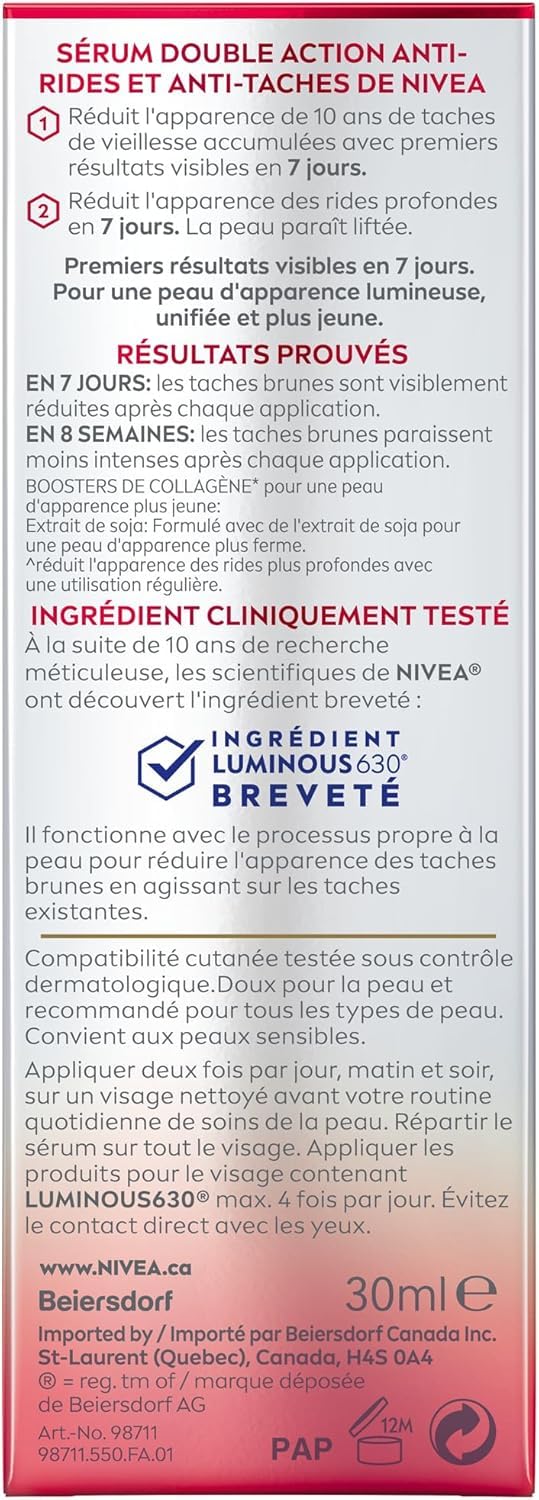NIVEA LUMINOUS630 Anti-Wrinkle & Spot Face Serum, Hyaluronic Acid, 30mL ๐ All In One Marketplace Canada