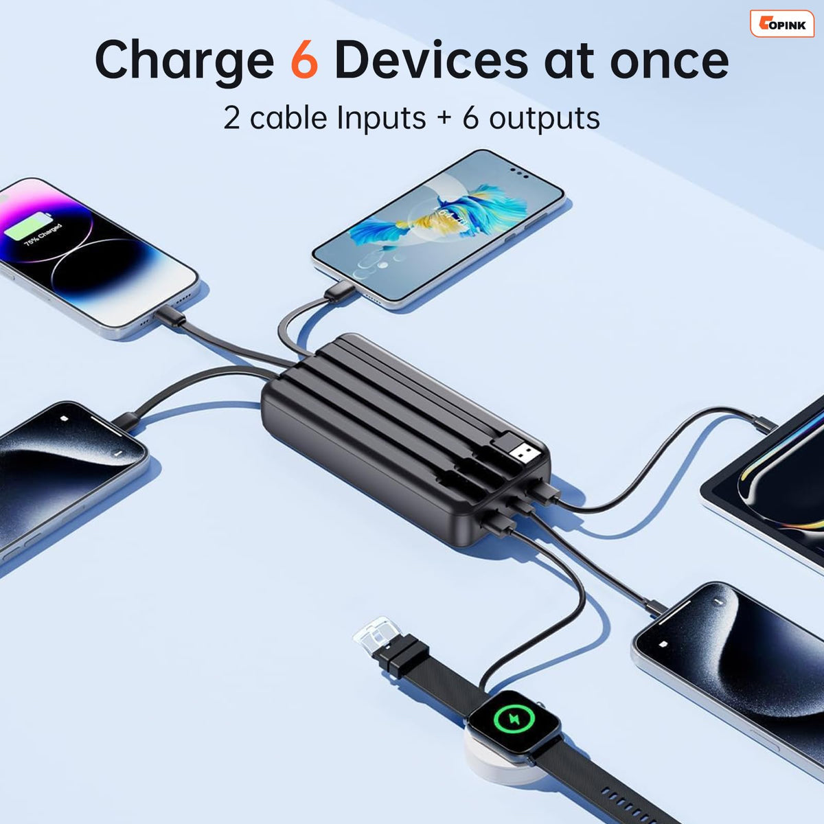 Portable Charger with Built in Cables, 50000mAh Power Bank Fast Charging 6 Outputs 2 Inputs with LED Display External Battery Pack Compatible with Cellphones Tablets AirPods etc ๐ All In One Marketplace Canada