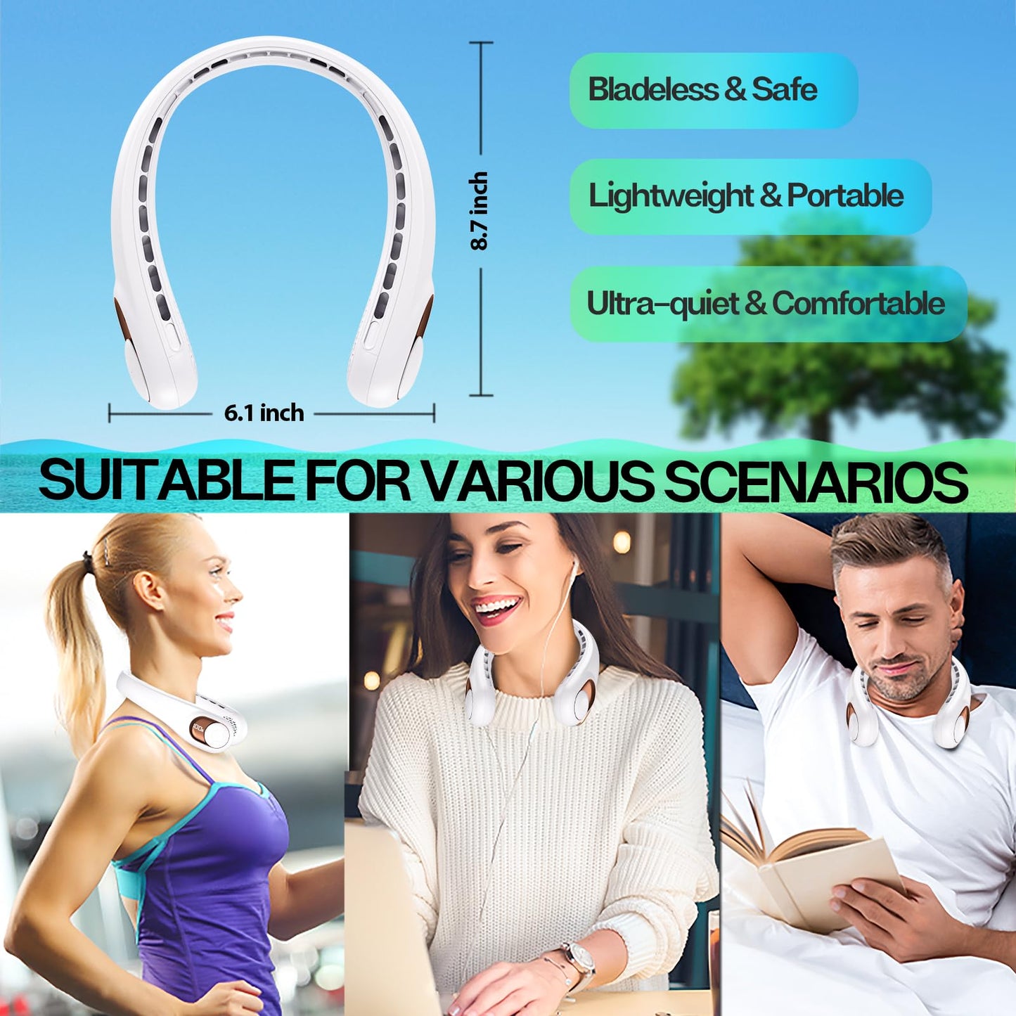 Neck Fan Rechargeable with LED Display & 360° Cooling Airflow, Portable Fan Bladeless Cooler, 4000mAh Battery, 3 Speed Settings, Ultra-Quiet Personal Fans for Home, Office, Travel, Sports - White 🍁 All In One Marketplace Canada