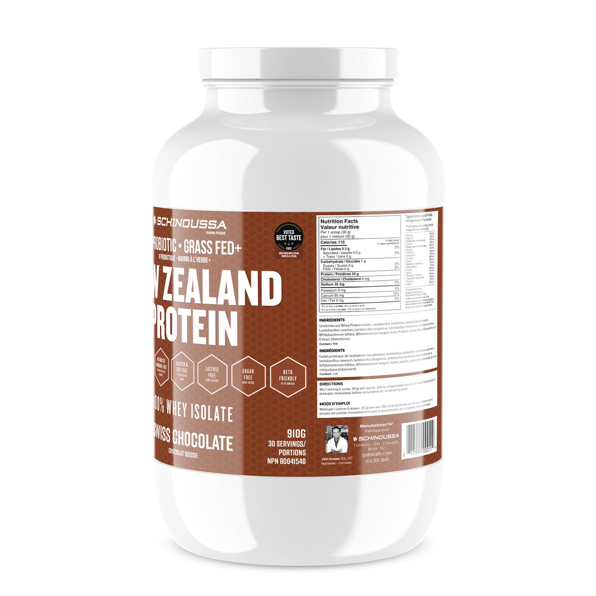 Schinoussa Super Foods New Zealand Whey Protein Isolate | 25g Protein | 0g Of Sugar | 1g Of Carbs | 110 Calories (Swiss Chocolate, 910 g (Pack of 1)) ๐ All In One Marketplace Canada