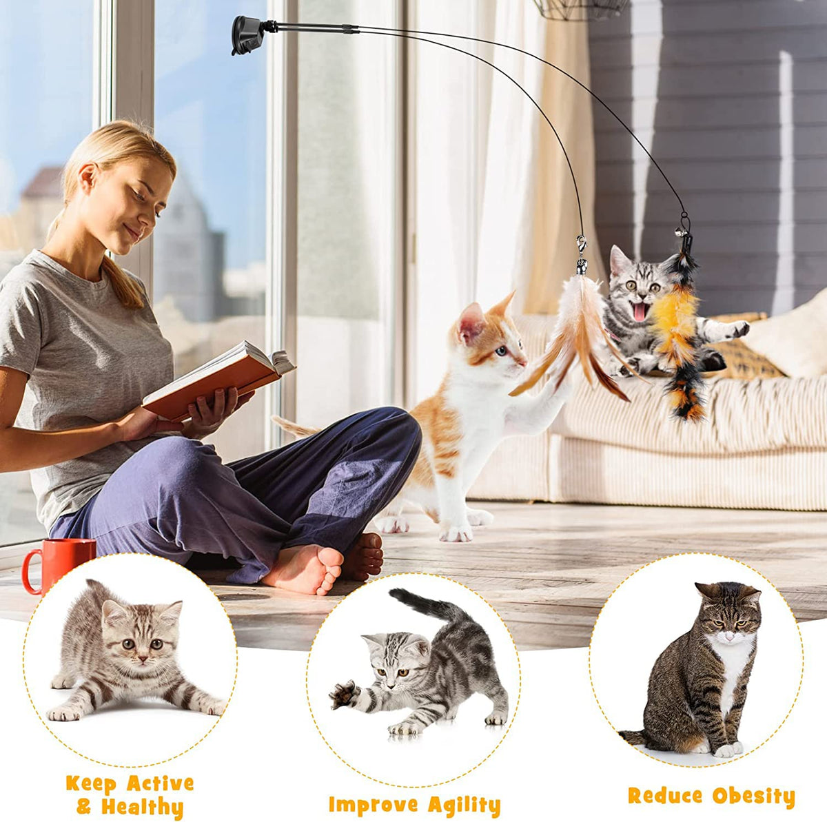 Cat Feather Toys, Cat Toys Wand, Interactive Cat Toy with Super Suction Cup, 2 PCS Cat Wand Toy and 6 PCS Feather Replacements with Bell, Interactive Cat Toy Kitten Toys for Indoor Play Chase Exercise (Natural) đ All In One Marketplace Canada