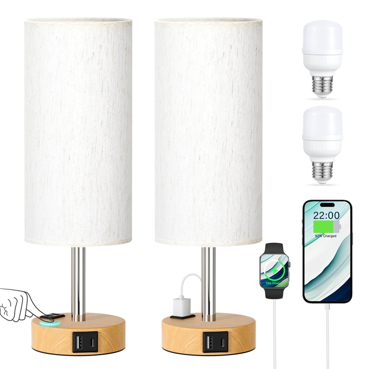 Table Lamp for Bedroom Set of 2 - Touch 3 Way Dimmable Bedside Lamps with USB C and A Ports, Night Lamp for Nightstand with AC Outlet, Desk Lamps for Living Room, Reading Room, Kids Room, Office ๐ All In One Marketplace Canada