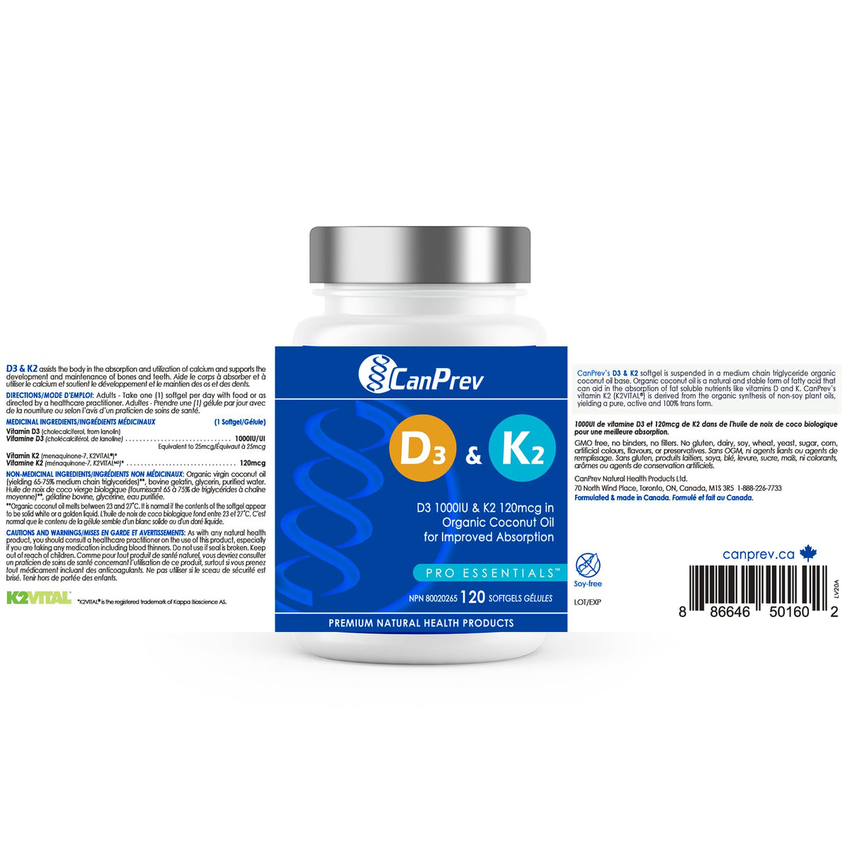 CanPrev D3 & K2 Vitamins 120 Softgels, 120-Day Supply, 1000IU Vitamin D3 & 120mcg K2, Supports Strong Bones, Teeth & Heart Wellness, Easy-to-Absorb with Organic Coconut Oil, No GMO, Gluten, Soy, Dairy ๐ All In One Marketplace Canada