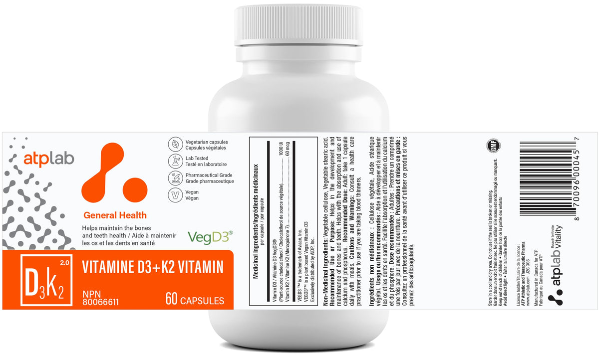 ATP LAB Vitamin D3K2 Supplement - 60 Vegetarian Capsules - 60 Day Supply - Plant-Based K2 MK-7 60 mcg & D3 1000 IU - Supports Bone & Teeth Health ๐ All In One Marketplace Canada