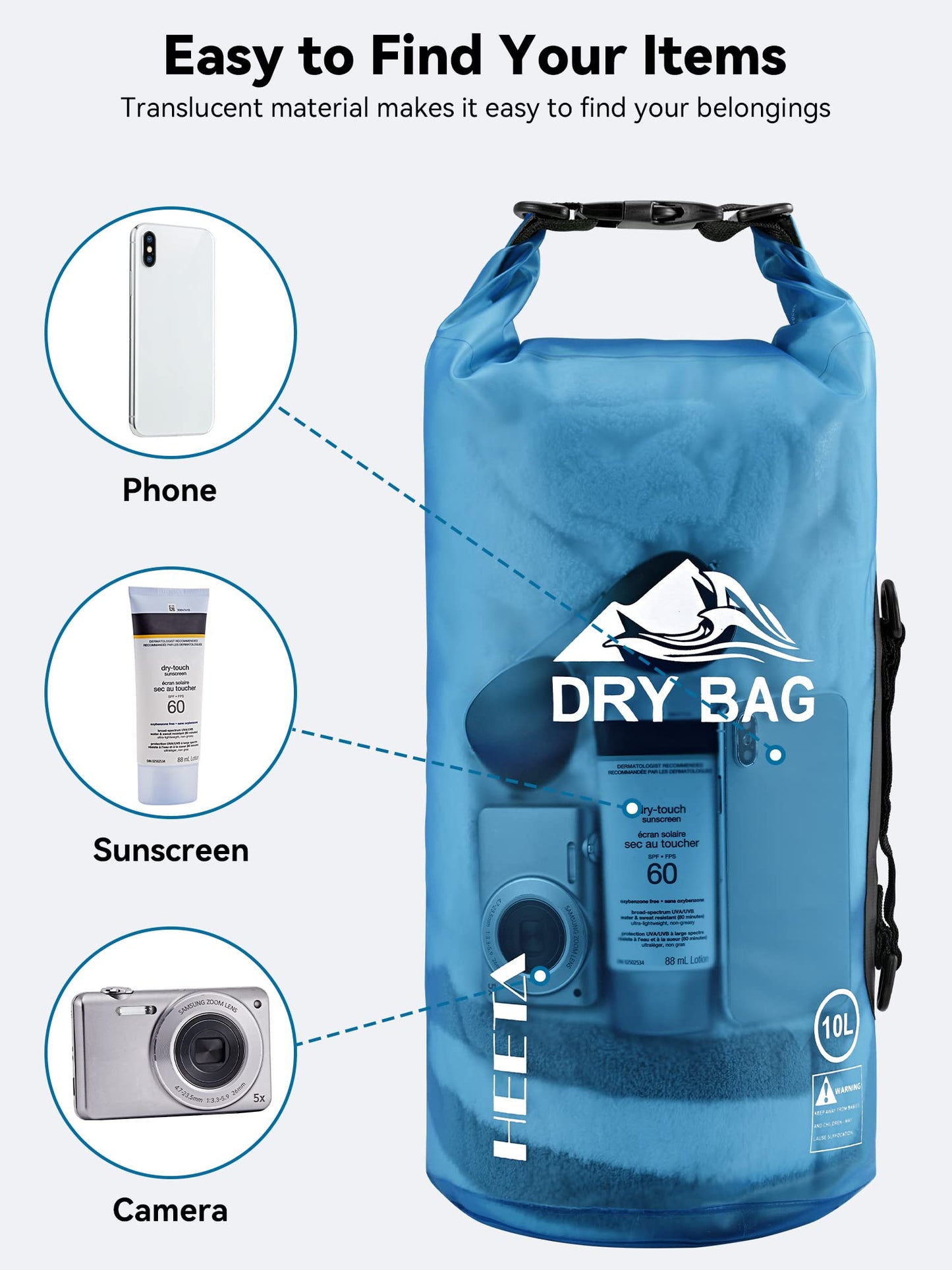 HEETA Dry Bag Waterproof for Women Men, Roll Top Lightweight Dry Storage Bag Backpack with Phone Case for Travel Swimming Boating Kayaking Paddle Board Camping Beach Accessories (Transparent Blue, 5L) ๐ All In One Marketplace Canada