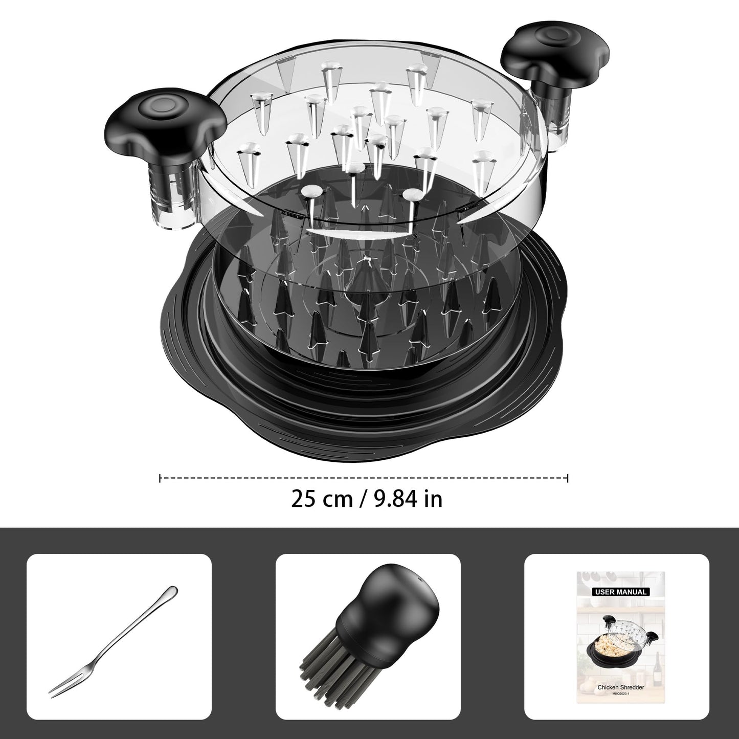 Chicken Shredder Tool Twist Large Chicken Breast Shredder with Brush&Fork, Visible Meat Shredder Machine, Strong Anti-Slip Strip, Ergonomic Handle, BPA Free, Suitable for Pork Beef Chicken (Black) ๐ All In One Marketplace Canada