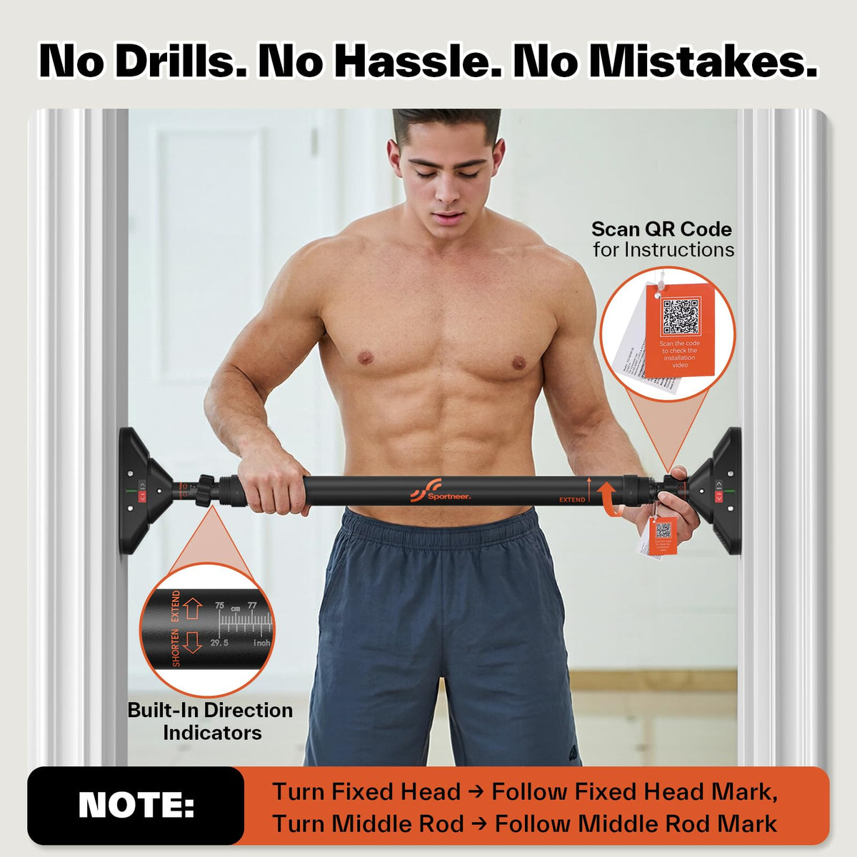 Sportneer Pull Up Bar Doorway Chin Up Bar No Screws Door Frame Chin Up Push Up Sit Up Bar Adjustable 75-94cm (29.5''-37'') Up to 200kg Capacity Workout Bar ๐ All In One Marketplace Canada