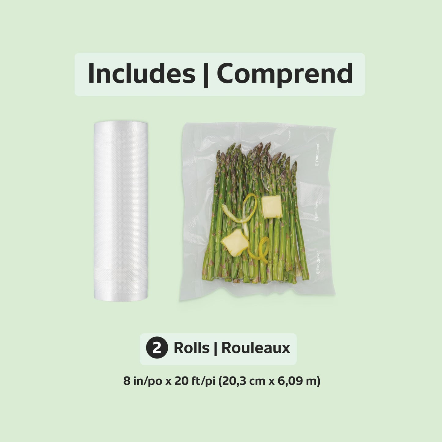 FoodSaver Vacuum Sealer Rolls for Custom Length Airtight Food Storage and Sous Vide Bags, BPA-Free, 8" x 20', 2 Pack ๐ All In One Marketplace Canada