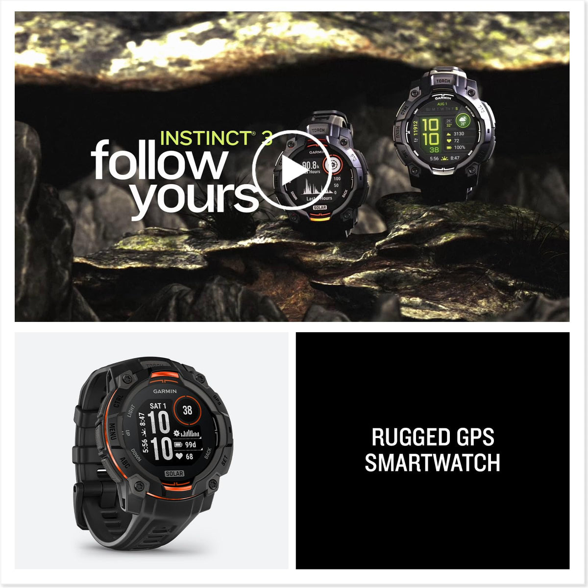Garmin Instinct® 3 45mm, Solar Charged Display, Rugged Outdoor GPS Smartwatch, Metal-Reinforced Bezel, Built-in Flashlight, Black 🍁 All In One Marketplace Canada