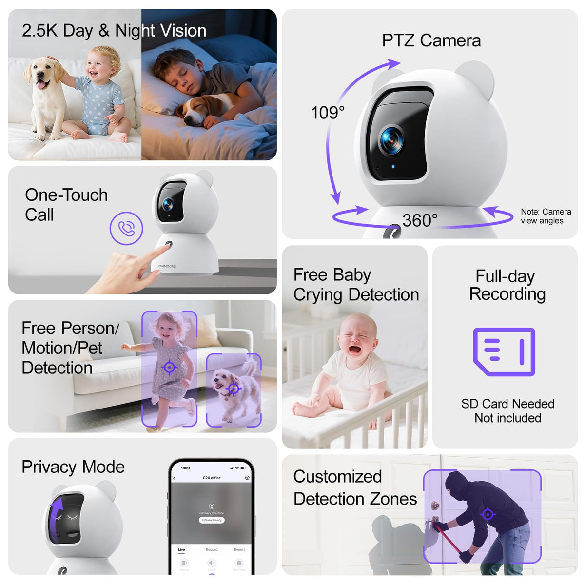 CINMOORE 2.5K Camera Surveillance Interieur, Indoor Security Cam, Free AI Pet/Person/Cry Detection, 4MP Pet Camera with Phone App Pan Tilt 2.4GHz WiFi, Night Vision, Full Duplex Audio ๐ All In One Marketplace Canada