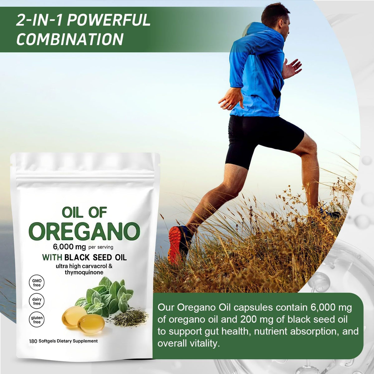 Oil of Oregano Softgels 6000mg Per Serving, 2 in 1 Formulated with Black Seed Oil 200mg, 4X Strength Carvacrol & Thymoquinone | Plant Based, Non-GMO & Immune Support (180 Count/1 Bag) ๐ All In One Marketplace Canada