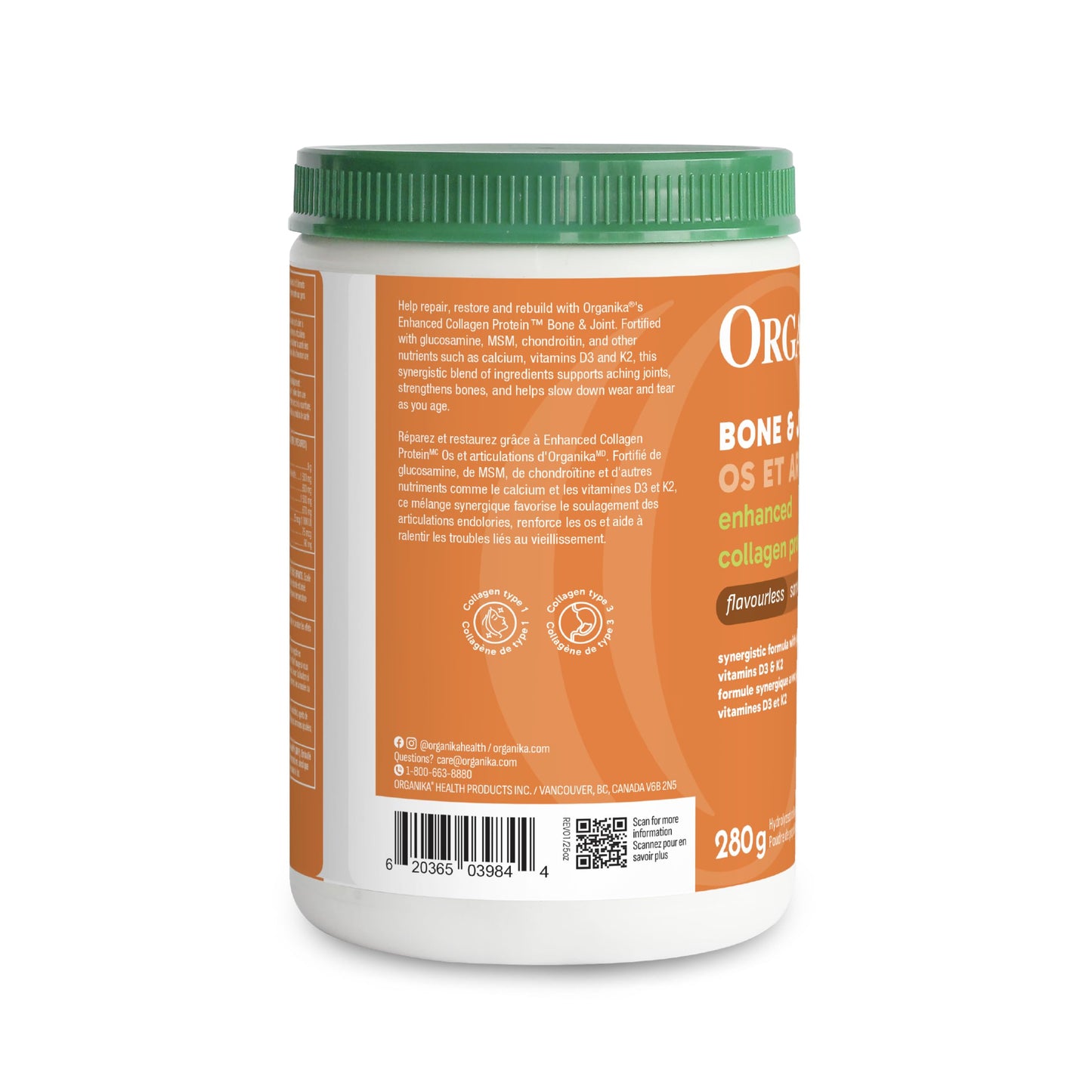 Organika Canadian-Made Enhanced Collagen Bone and Joint Powder - with Glucosamine, MSM, Chondroitin Sulfate, Vitamin D3 and K2 | Helps Restore Bone and Joint Health + Healthier Skin and Hair - 280g π All In One Marketplace Canada