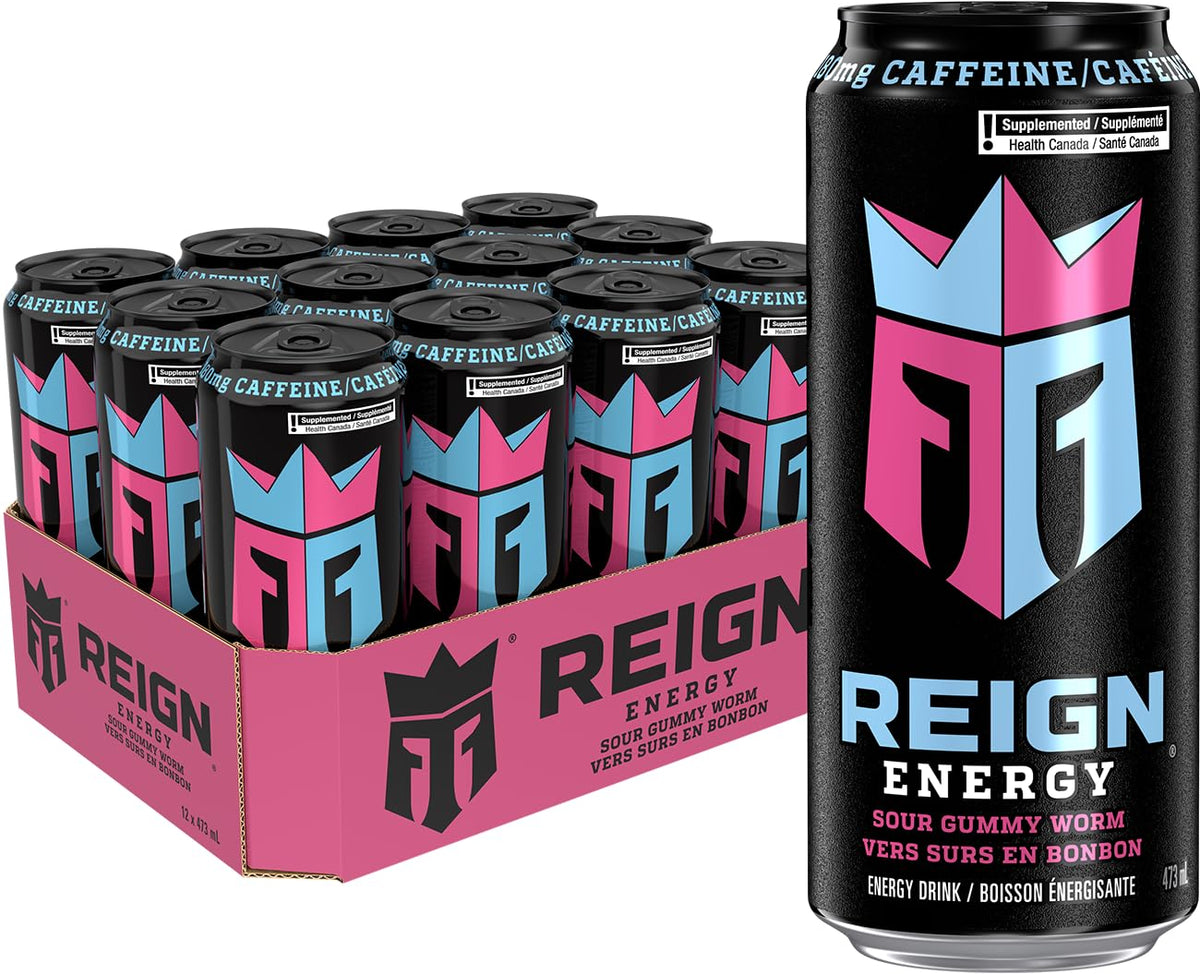 REIGN ENERGY, Sour Gummy Worm, 473 mL Cans (12 Pack) โ Zero Sugar Energy Drink with BCAAs and Electrolytes ๐ All In One Marketplace Canada