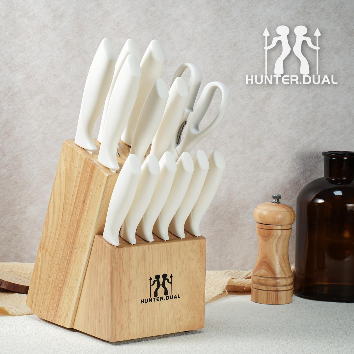 HUNTER.DUAL Knife Set, Dishwasher Safe Kitchen Knife Set with Block, 15 Pcs Cream Kitchen Knife Sets with Block Self Sharpening, 6 Steak Knives (Cream) ๐ All In One Marketplace Canada