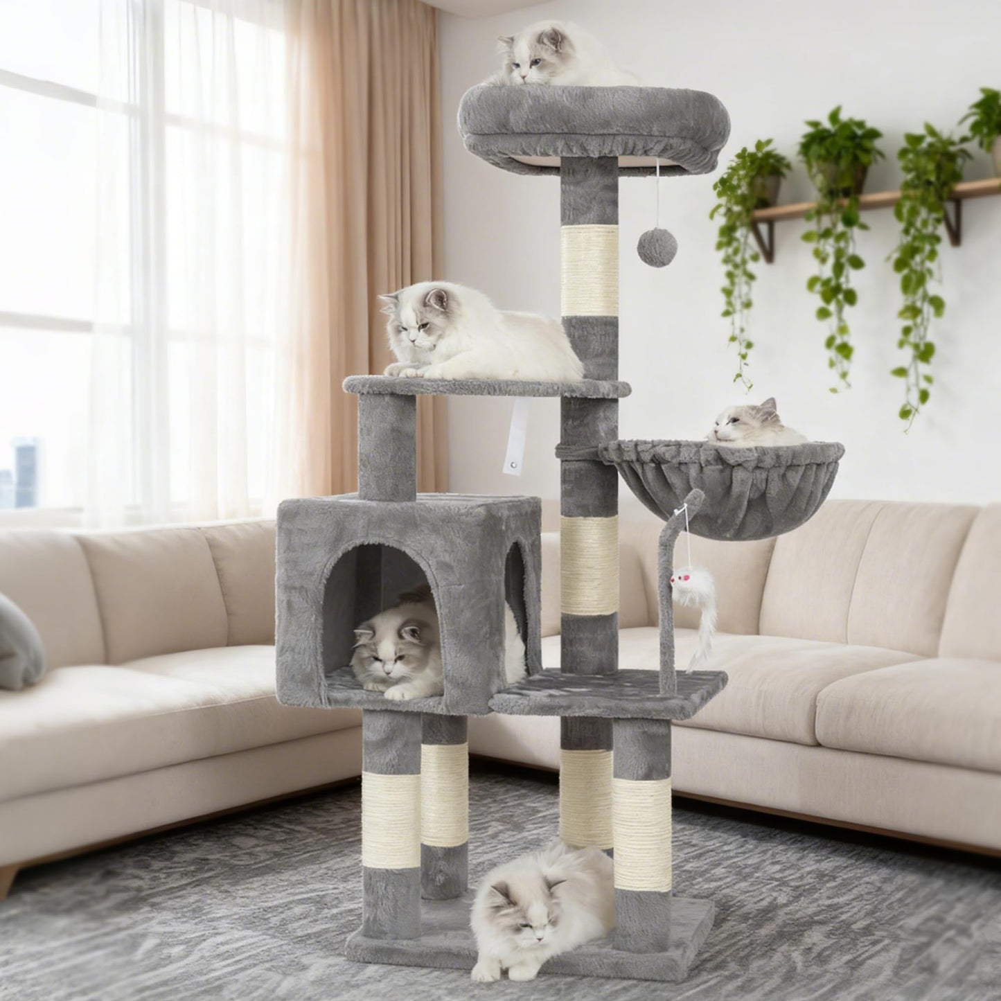 Heybly Cat Tree with Toy, Cat Tower condo for Indoor Cats, Cat House with Padded Plush Perch, Cozy Hammock and Sisal Scratching Posts, Light Gray S HCT004SW ๐ All In One Marketplace Canada