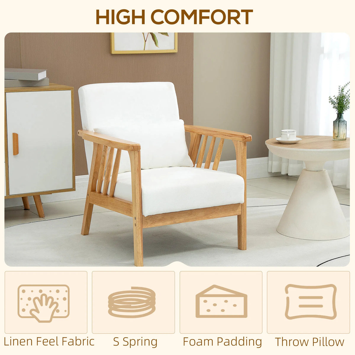 White Upholstered Armchair – Comfortable Lounge Chair with Rubber Wood Frame & Throw Pillows (United States & Canada Delivery Only)