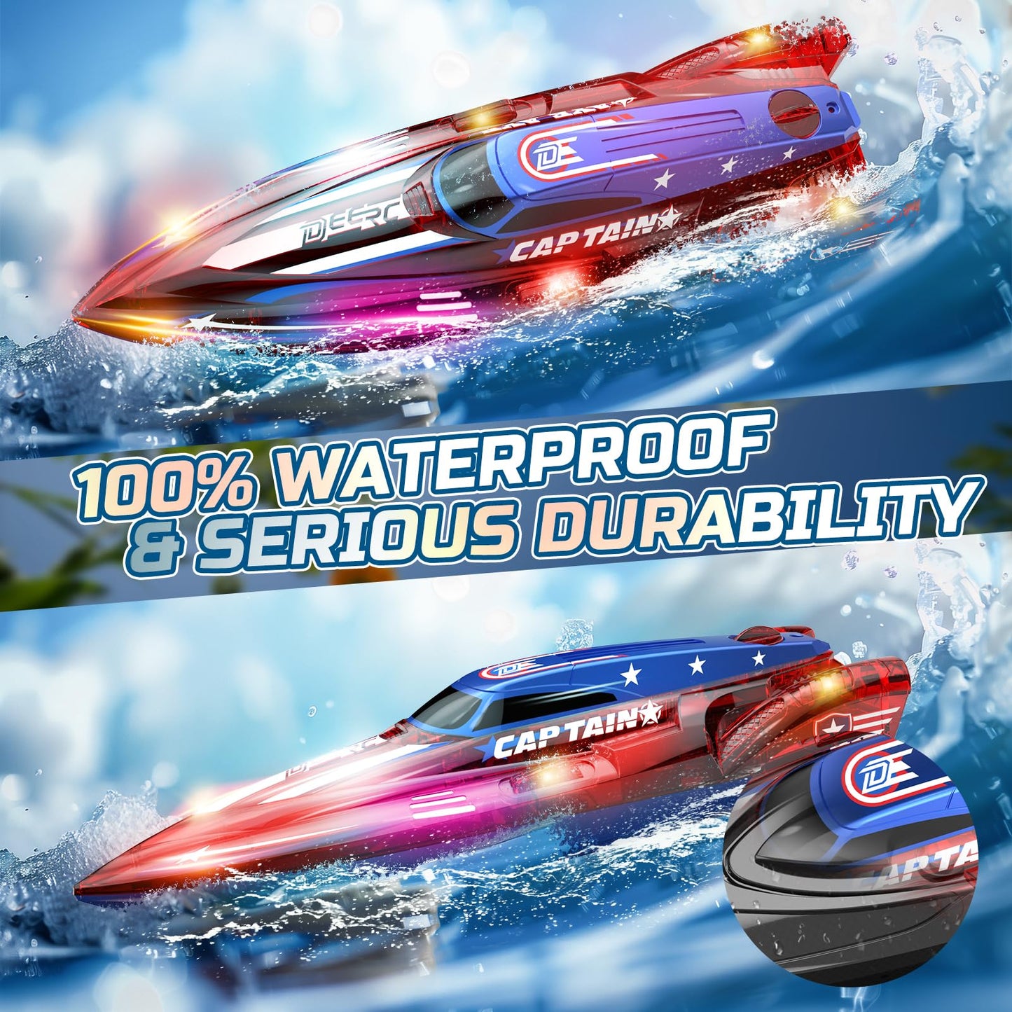 DEERC 2 Pack 13 inch Remote Control Boat for Kids, 4 Batteries, 2.4Ghz RC Racing Boat with LED Lights for Pools and Lakes, Water Summer Toy Gift π All In One Marketplace Canada